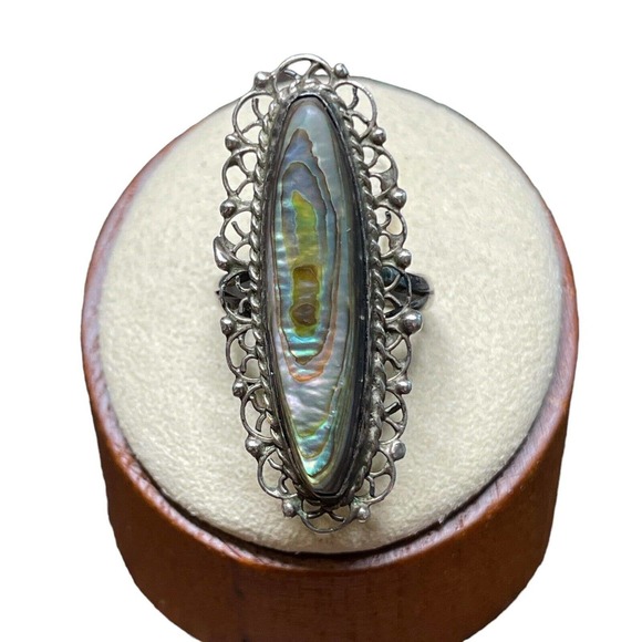 Beautiful ANTIQUE VINTAGE Sterling Silver & Abalone Shell Ring Size 5 - Picture 3 of 11